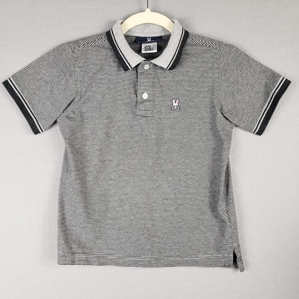 Psycho Bunny Kids Size M Pima Cotton Polo Shirt Gray Black Stripe Preppy Daper‎
